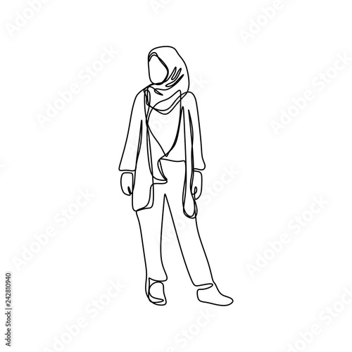 Trendy hijab girl wearing modern fashion with one continuous line art drawing vector illustration minimalist design isolated on white background vector illustration.