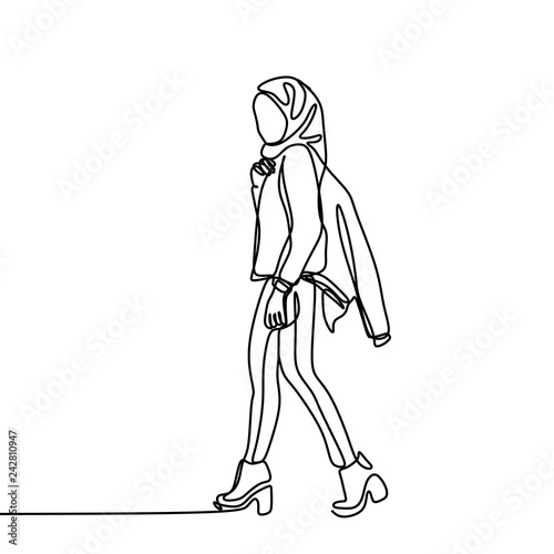Continuous line drawing of fashionable hijab girl. Islamic women wearing scarf in beauty pose vector illustration.