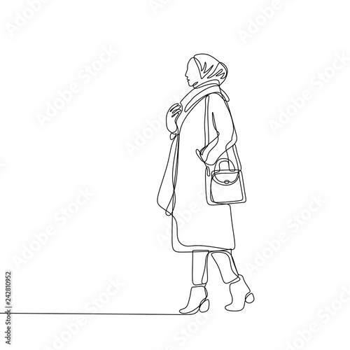 Continuous line drawing of fashionable hijab girl. Islamic women wearing scarf in beauty pose vector illustration.
