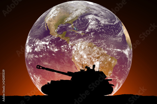 Fototapeta Naklejka Na Ścianę i Meble -  Silhouette of the tank on the background of the planet. Concept of war