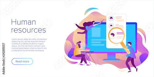 Business HR concept. Human resources manager hiring employee or workers for job. Recruiting staff in company. Organizational socialization metaphor. Acquisition or onboarding illustration.