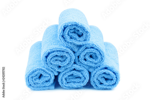 Clean blue towels, isolated on white background