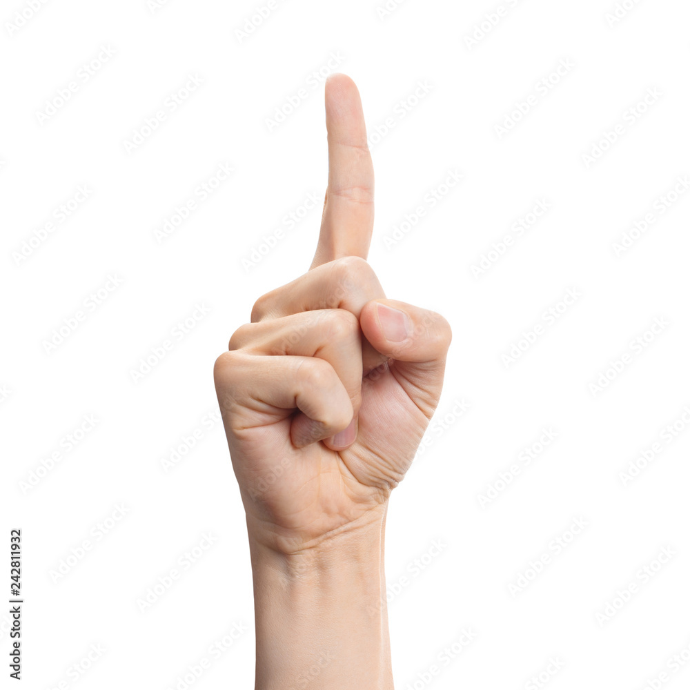 Hand with index finger up, isolated on white background Hand with index finger up, isolated on white background