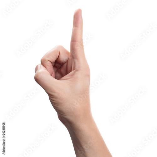 Hand with index finger up, isolated on white background
