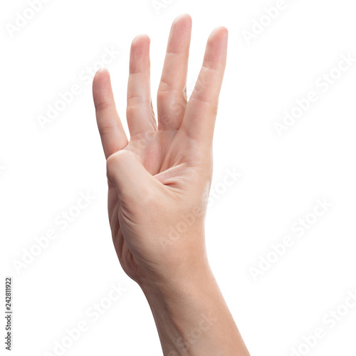 Hand with four fingers up, isolated on white background