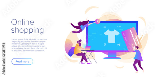 Online shopping or e-commerce flat vector illustration. Internet store checkput procedure concept with smartphone and bag. Credit card payment transaction via app.