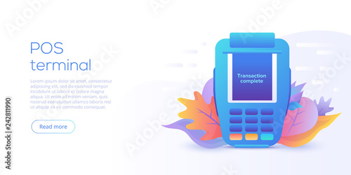 Digital transaction via POS terminal concept. Internet banking concept in flat vector design. Digital payment or online money transfer service. Website banner or webpage layout template.