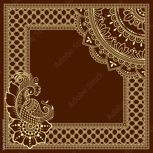 Stylized with henna tattoos decorative pattern for decorating covers book, notebook, casket, postcard and folder. Mandala, flower, peacock and border in mehndi style. Frame in the eastern tradition.