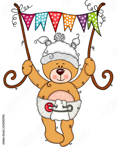 Baby teddy bear flying holding a flag banner
 photo