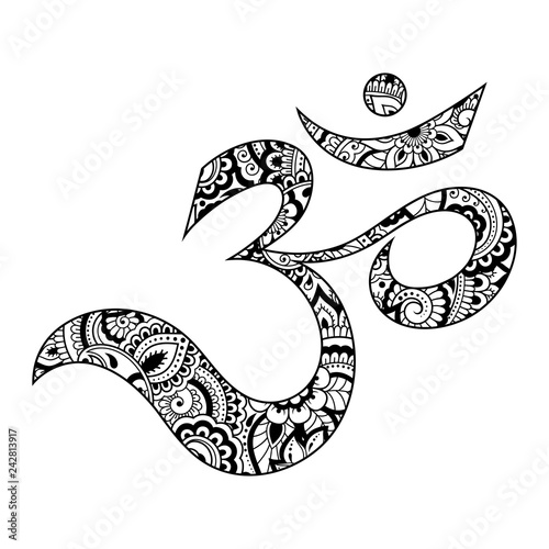 Om or Aum Indian sacred sound. The symbol of the divine triad of Brahma, Vishnu and Shiva. The sign of the ancient mantra in mehndi flower style.
