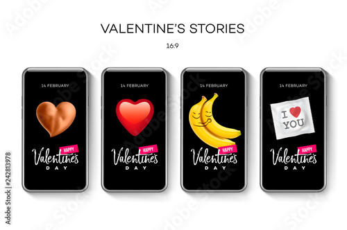 Valentine's day stories template. Streaming. Creative universal Editable set in trendy style with emoji smiley faces, icons, vector illustration.