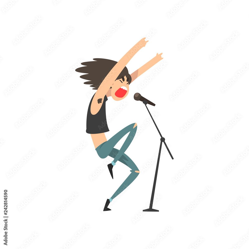Rock musician, male singer singing into microphone vector Illustration Rock musician, male singer singing into microphone vector Illustration