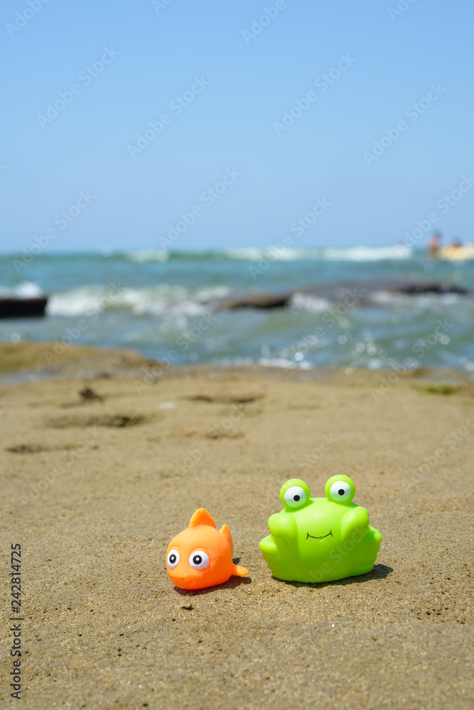 Obraz premium fish and crab toys on sand