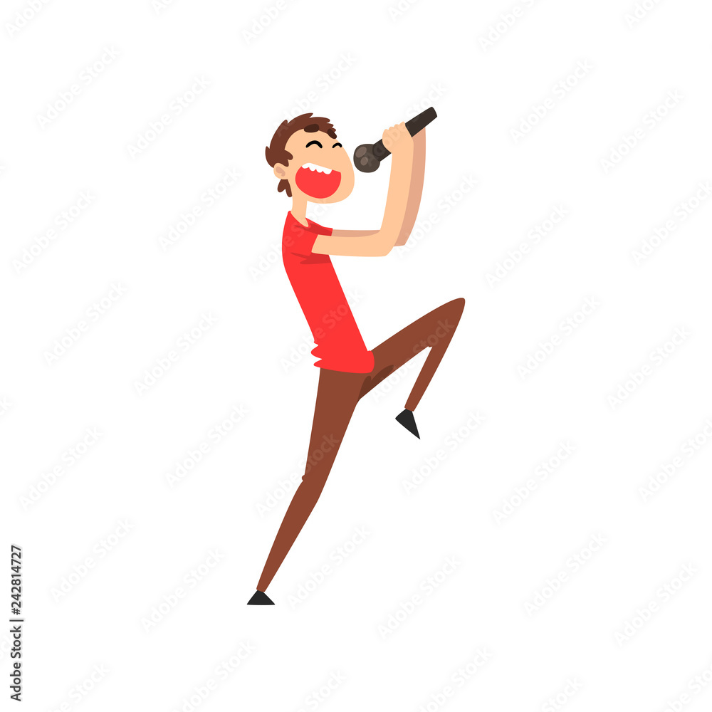 Male singer singing a song with microphone, guy performing on stage vector Illustration
