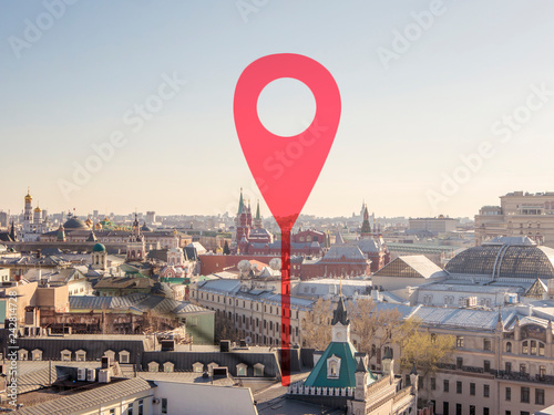 aerial shot of marker pointing on the streets of europe city during sunset b photo