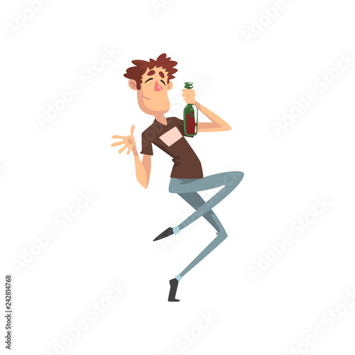 Funny drunk man with bottle of alcohol drink in his hand, guy character drinking alcohol vector Illustration