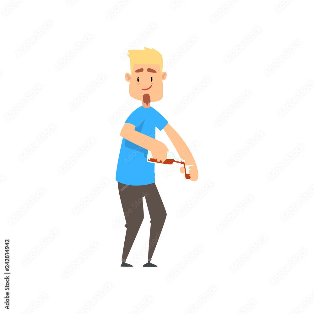 Drunk guy pouring a glass of alcoholic beverage, funny guy character drinking alcohol vector Illustration