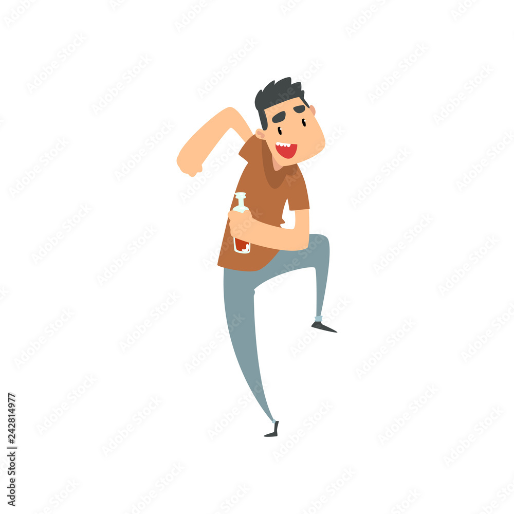 Cheerful drunk man with bottle of alcohol drink in his hand, funny guy character drinking alcohol and dancing vector Illustration