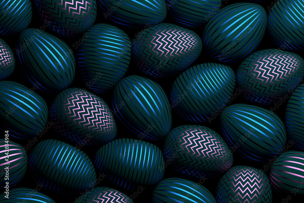 Fototapeta premium Beautiful background with many easter eggs with pink and blue geometric shiny patterns. 3d illustration.
