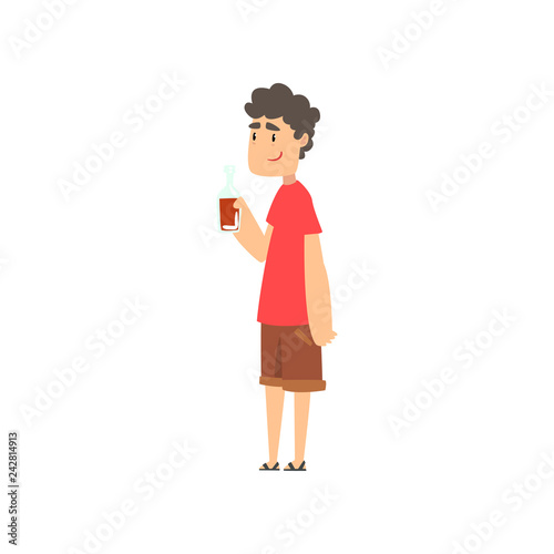 Young man with bottle of alcohol drink in his hand, guy character drinking alcohol vector Illustration