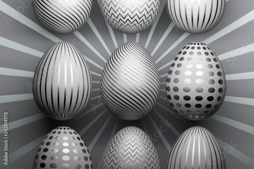 Nine Easter eggs decorated with geometric pattern. Greeting card in gray, black and white color. 3d illustration.