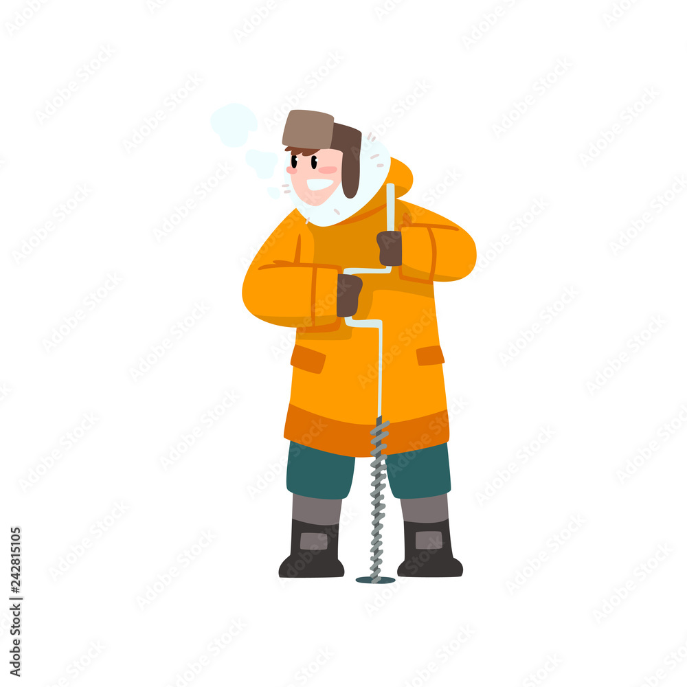 Warmly dressed man with ice drill, outdoor leisure, extremal ice winter fishing vector Illustration