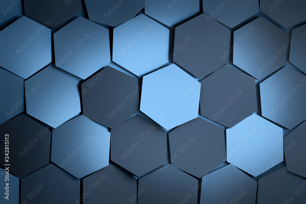 Large geometric shapes hexagons randomly arranged. Tinted image. 3d illustration. Large geometric shapes hexagons randomly arranged. Tinted image. 3d illustration.