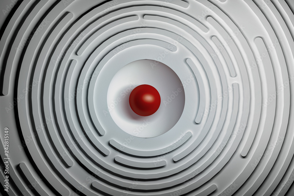 Abstract background with circular shapes and red sphere in the center. 3d illustration. - obrazy, fototapety, plakaty 