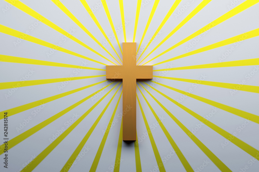 Religion concept. Cross symbol of Christianity over the surface with yellow rays. 3d illustration.