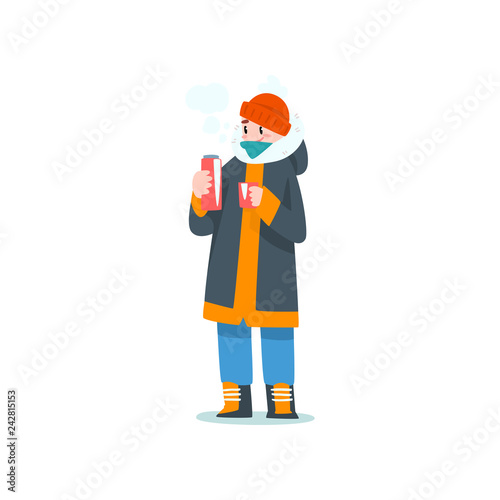 Young man drinking hot tea from thermos, outdoor leisure, extremal ice winter fishing vector Illustration