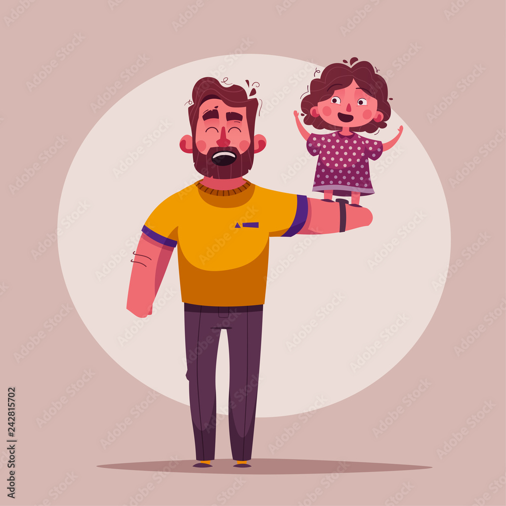 The best dad and daughter. Happy together. Cartoon vector illustration