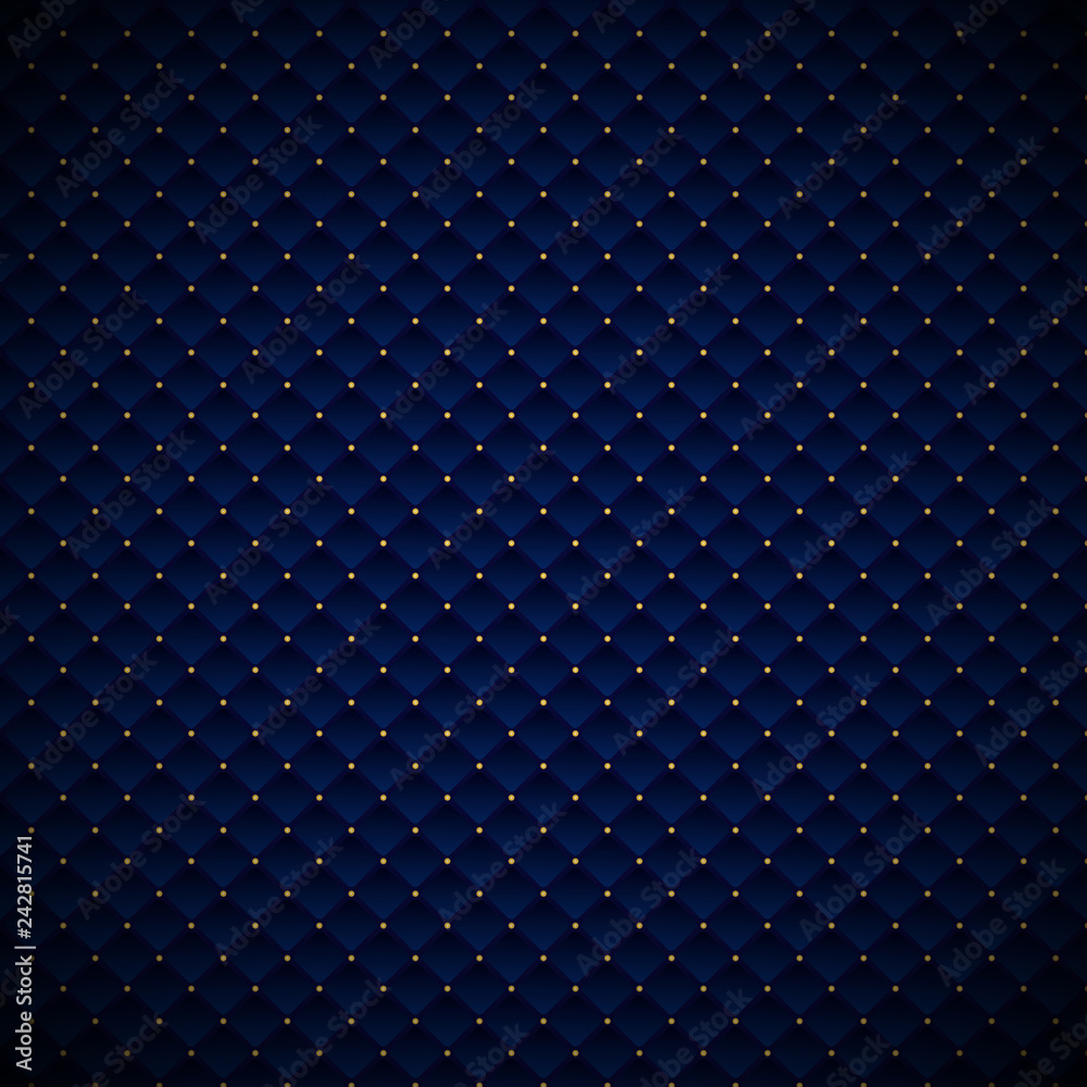 Plakat Streszczenie luksusowy niebieski wzór geometryczny kwadraty wzór ze złotymi kropkami na ciemnym tle.
