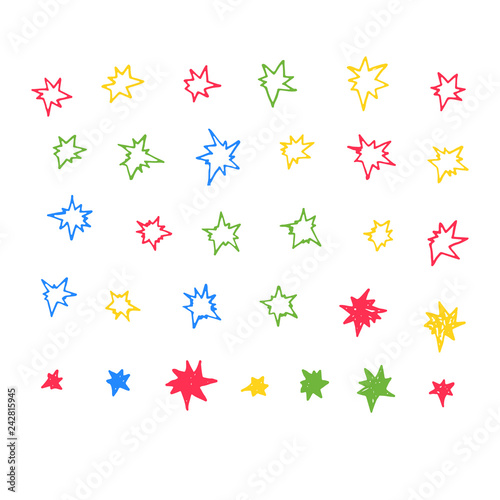 Vector hand drawn colorful sparks. Small blast or bang.