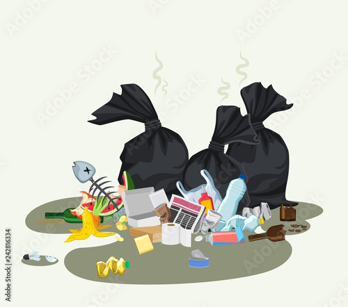 Garbage dump with rubbish bin for recycling. Different types of waste. Trash laying on the street. Environmental conservation vector infographics