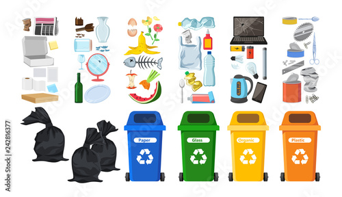 Rubbish bins for recycling different types of waste. Garbage containers for trash sorted by plastic, organic, e-waste, metal, glass, paper. Environmental conservation vector infographics