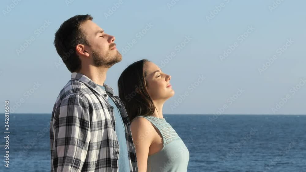 Side view portrait of a happy couple breathing fresh air on the beach Side view portrait of a happy couple breathing fresh air on the beach