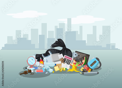 Garbage dump with rubbish bin for recycling. Different types of waste. Trash laying on the street. Environmental conservation vector infographics