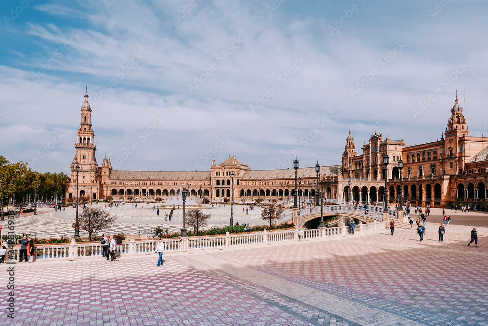 SEVILLA, SPAIN - January 13, 2018: The Spain Square is a plaza in the Parque de Maria Luisa in Seville