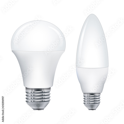 Set of LED lightbulbs with different base, isolated on white background