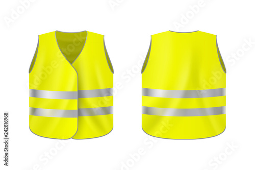Realistic reflective vest, front and back view, safety jacket on plain background photo