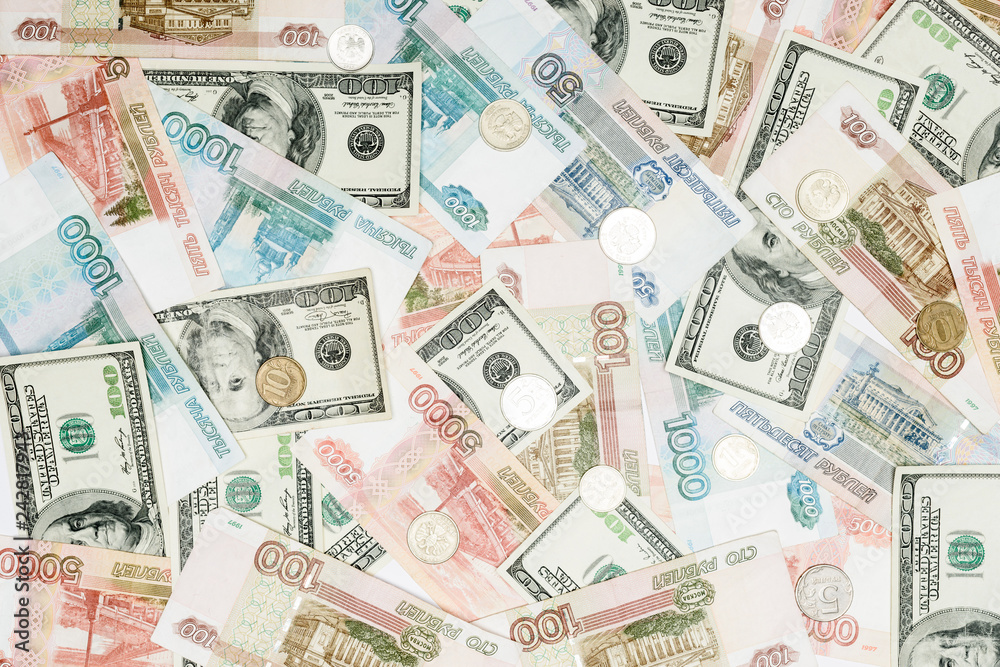 seamless background with dollars, russian banknotes and coins seamless background with dollars, russian banknotes and coins