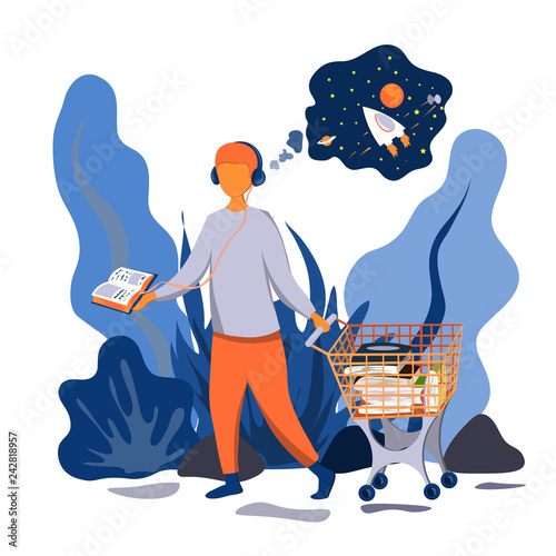 A young man listens to an audiobook and presents a story. A cart full of books. Illustration in flat style