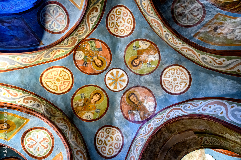 Fragments of frescoes (wall paintings) on the walls of the St. Sophia Cathedral in Kyiv, Ukraine. 07-01-2019 Fragments of frescoes (wall paintings) on the walls of the St. Sophia Cathedral in Kyiv, Ukraine. 07-01-2019
