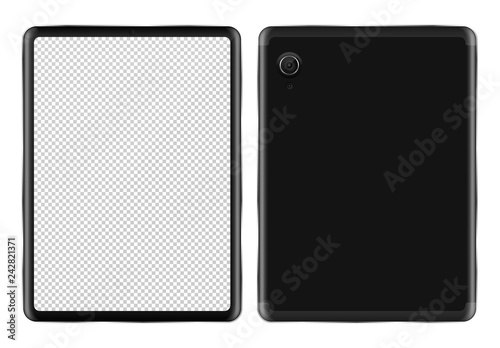 Realistic tablet PC mockup on white background isolated vector illustration. Black mobile device with blank screen view from front and back