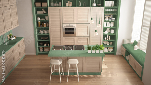 Modern green kitchen with wooden details in contemporary luxury apartment with parquet floor  vintage retro interior design  architecture open space living room concept idea  top view