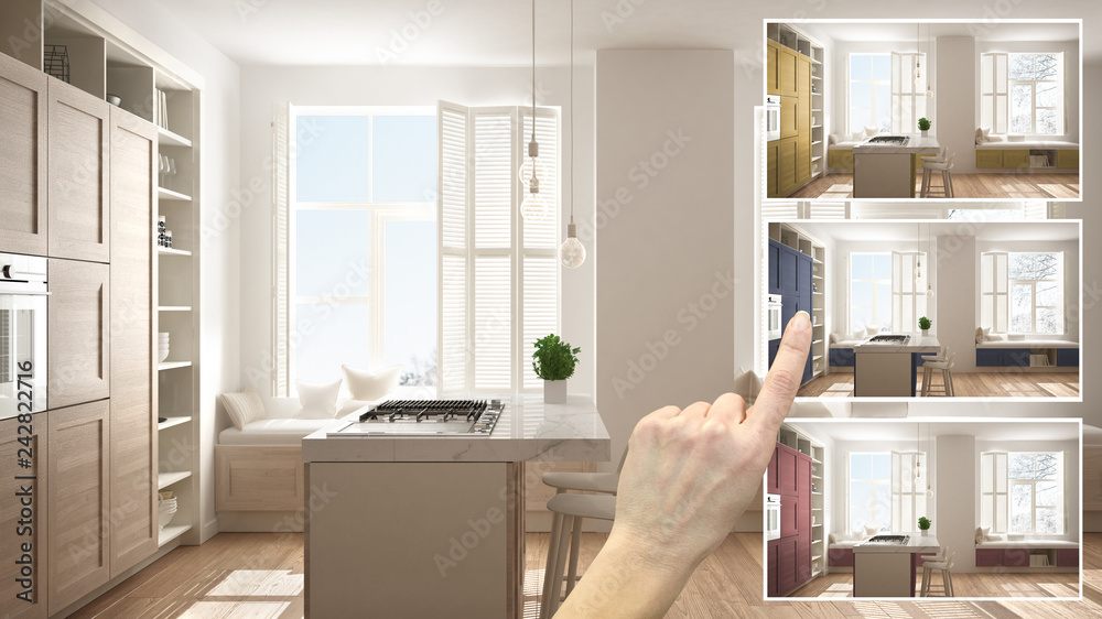 Architect designer concept, hand showing modern wooden kitchen colors ...