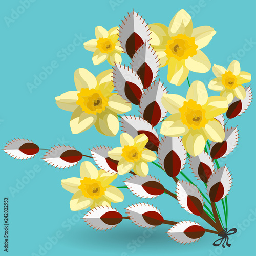 spring bouquet of daffodils and pussy willow flowers