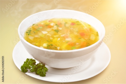 Vegetable soup on a desk