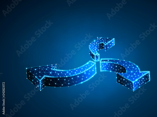 Crossroad direction three ways arrows wireframe digital illustration. Low poly crossway choice concept with lines, dots and starry sky background. Raster polygonal road guide neon sign RGB