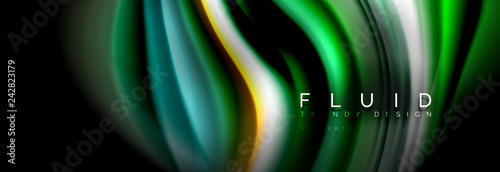 Bright colorful liquid fluid lines on black, modern abstract background